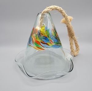 Hand Blown Art Glass Bell Ornament Ruffled Edge Rope Bird Feeder